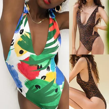 

New Women Fashion Jumpsuit Sexy V-neck Floral Leopard Print Bathing Suit Backless Swim Suit Push Up Padded Swimsuit Beachwear