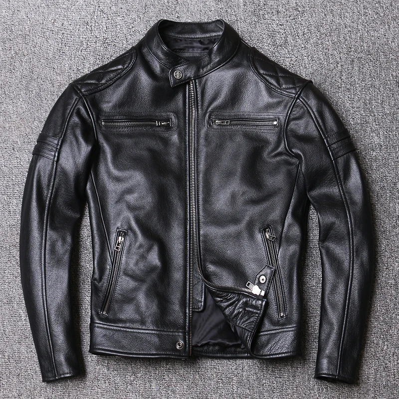 

Genuine Leather Jacket Men's Spring Fashion Slim Real Cowhide Leather Black Short Mens Motorcycle Jackets Length in 59cm-65cm