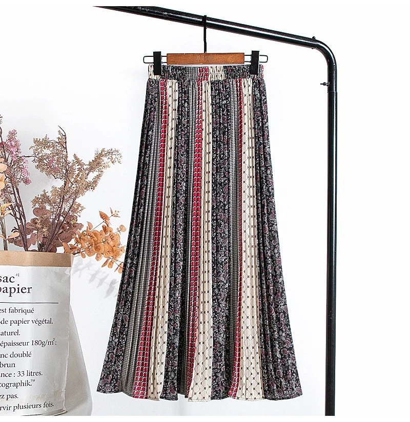 TIGENA אופנה שיפון ארוך קפלים חצאית נשים 2021 אביב קיץ בציר ניגודיות הדפסת אסתטי גבוהה מותן חצאית נקבה ליידי