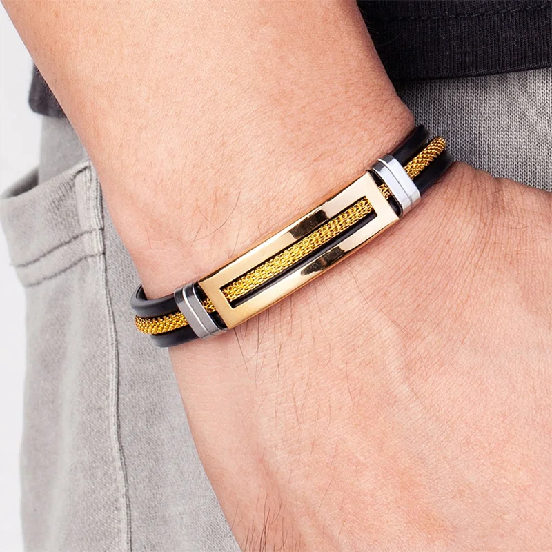 Gold Stainless Steel Bracelets for Men Black Rubber Bangle with Chain Double Safe Cuff Silicone