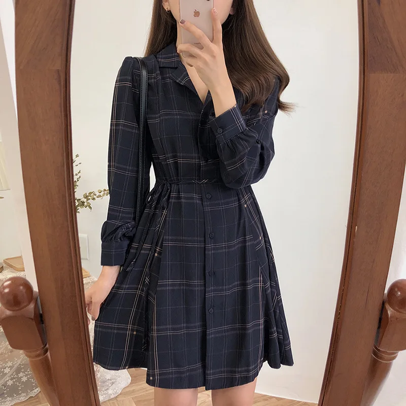 Retro Style Women Dresses Plaid Pattern Belted Long Sleeves with Turn-down Collar Chic Female A-line Skirt Plus Size 2020 New | Женская