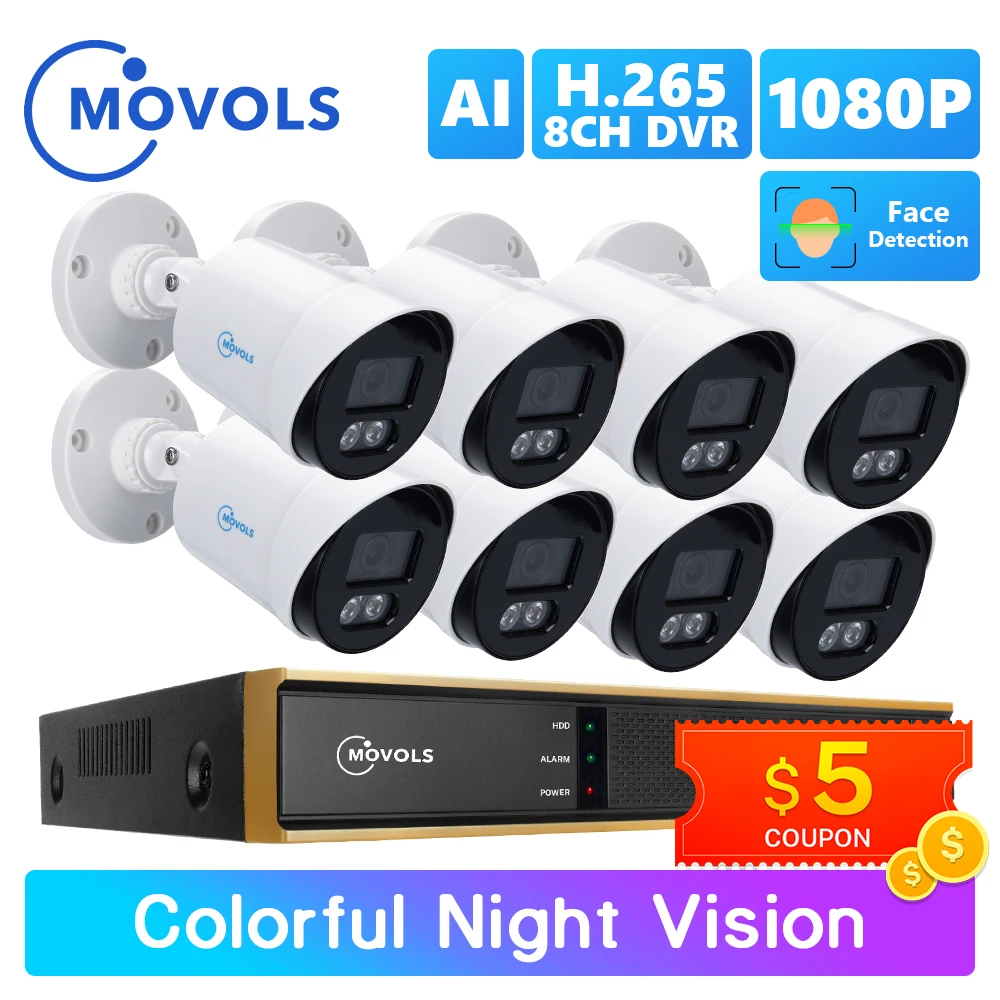 Movols 2mp ai colorido visão noturna cctv kit h.265 + sistema de vigilância de vídeo à prova dwaterproof água 8ch dvr 8 pces/4 pces câmera de segurança conjunto
