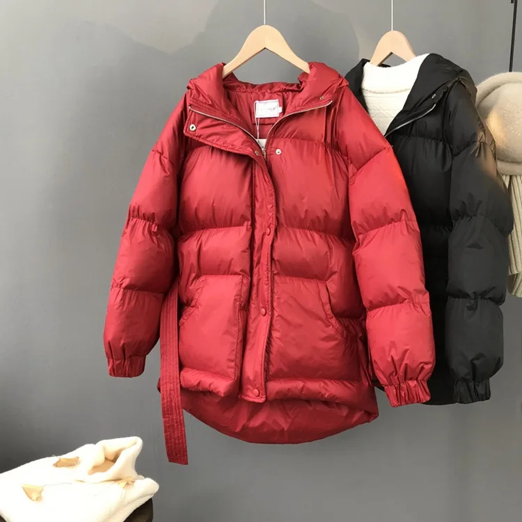 Океанlove однотонная Толстая зимняя куртка женская с капюшоном теплая молния пояса корейское пальто женское винтажный воротник стойка Верхняя одежда 13048