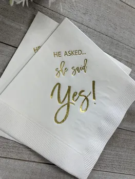 

Custom He Asked She said Yes White with Metallic Gold Foil Paper Napkins Cocktail Beverage Engagement Party Monogram Napkins
