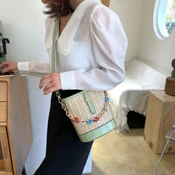 

Summer popular straw bucket bag 2020 new bag British style female handbag one shoulder diagonal female bag