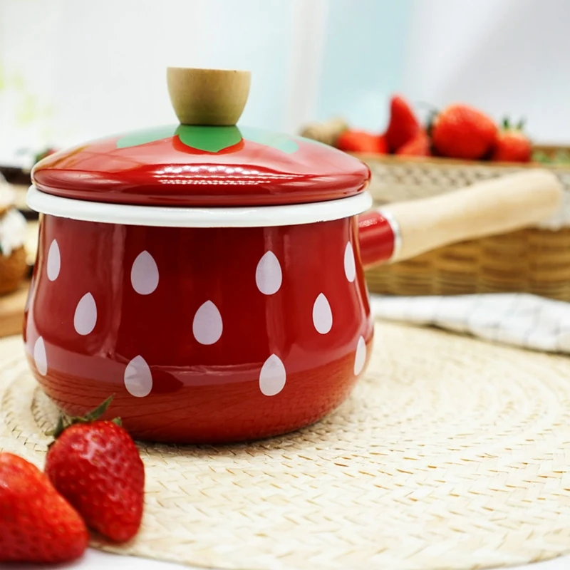 

1.5L Pan Soup&Stock Pots Japan Enamel Strawberry Milk Pot Thickened Edge Handle Milk Pot Baby Rice Pot