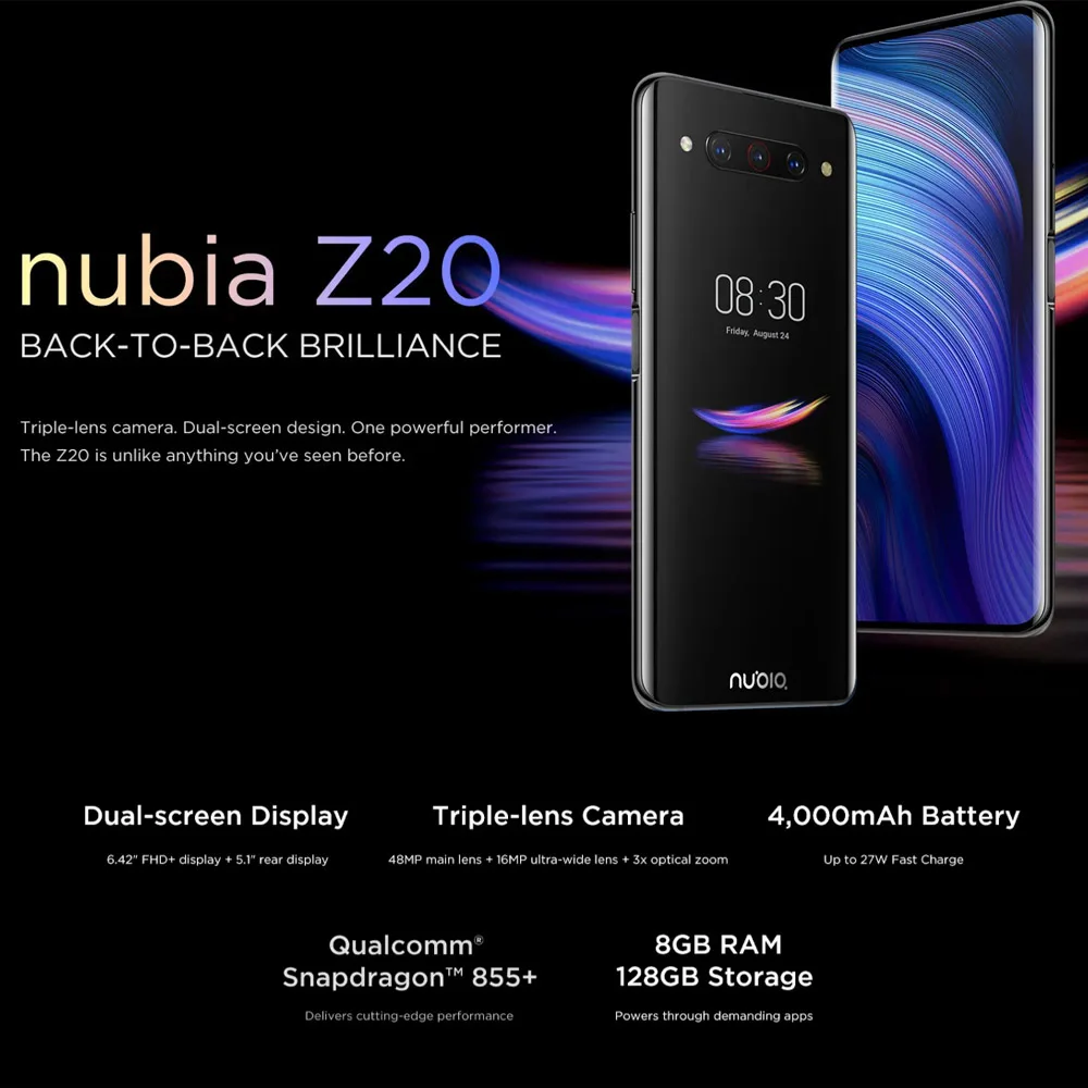 Новая версия США zte Nubia Z20 Dual SIM 4G мобильный телефон 8 Гб 128 ГБ Snapdragon855+ 6,4" 1080x2340 48MP Android 9,0 двухэкранный телефон