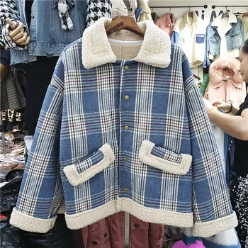 

Lamb's Wool Coat Women's Winter New Hong Kong-Style Fleece-Lined Padded Plaid Korean Version of Loose-Fit Jacket Women's