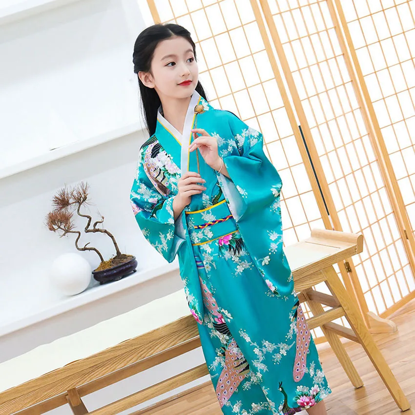 Новое традиционное японское кимоно юката для девочек, атласное шелковое роскошное Восточное банное платье с Obi Performance