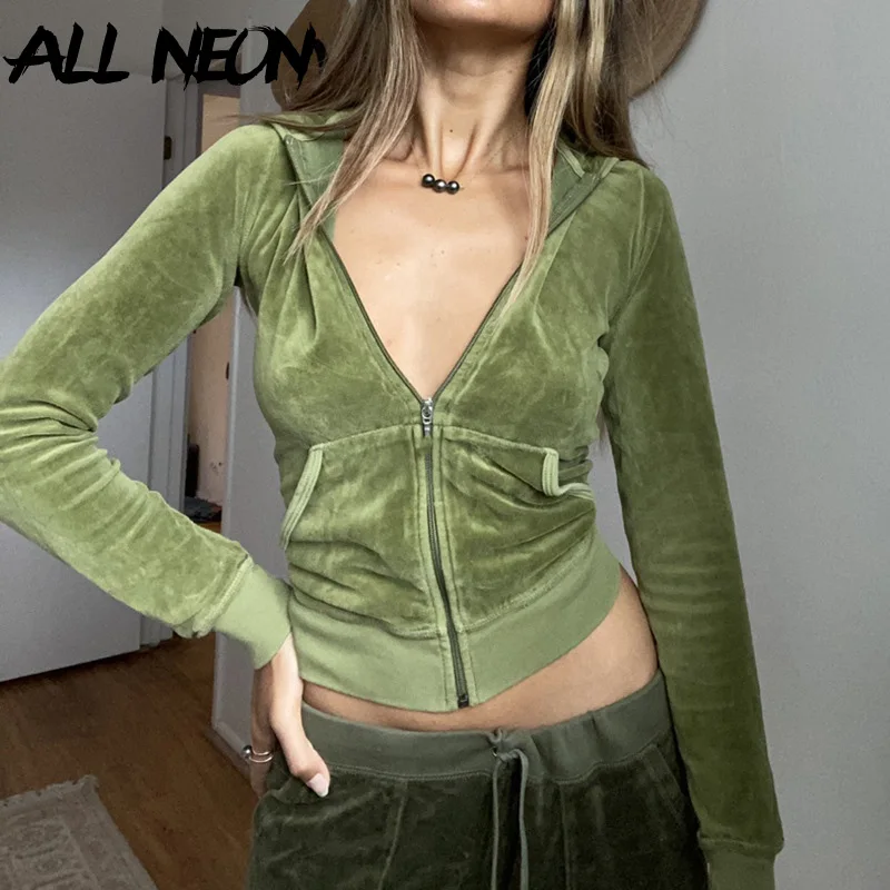 ALLNeon 2000s Aesthetics Pink Velour 2 Piece Sets with Pants Streetwear Zip Up Hoodie Drawstring Low Waist Pants Co-ord Suit