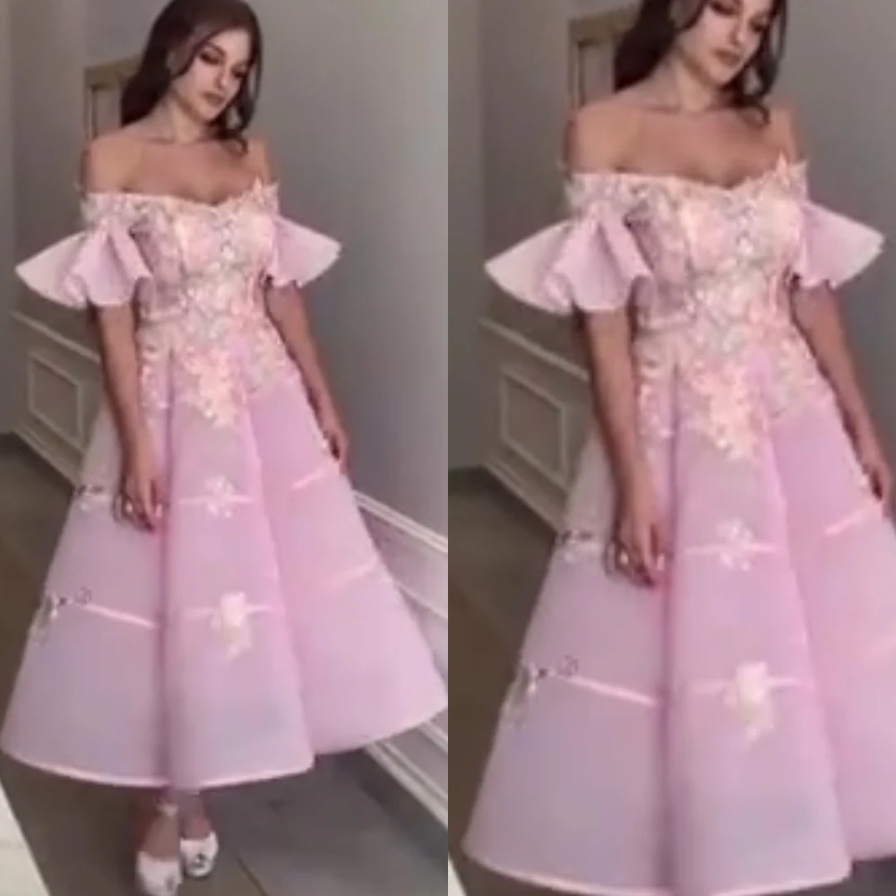 

pink prom dresses 2020 off the shoulder short sleeve lace appliques flowers beaded evening dresses ruffle party formal dresses