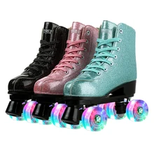 XUDREZ Pu Leather Roller Skates Flash Pu Wheel Brake Fashion Patines Double Row Sliding Quad Sneaker adult Roller Shoes 36-45
