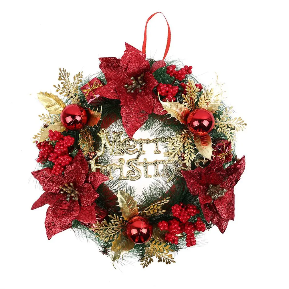 

2018 new 30cm pine cone red ball safflower high-end Christmas wreath Christmas decorations hotel outdoor decorative wreath