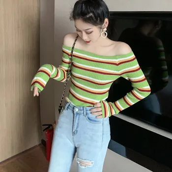 

Women Autumn Winter Retro Rainbow Stripe Sweater Slim Long Sleeved One Word Collar High Street Knit Thin Strapless Pullover