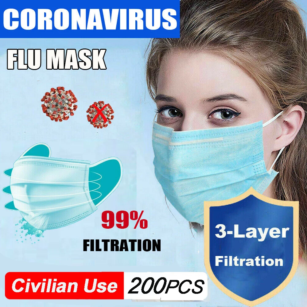 

200Pcs Profession Civilian Use Masks Surgical 3-Ply PM2.5 Nonwoven Disposable Mouth Anti-virus None Medical N95 Face Mask