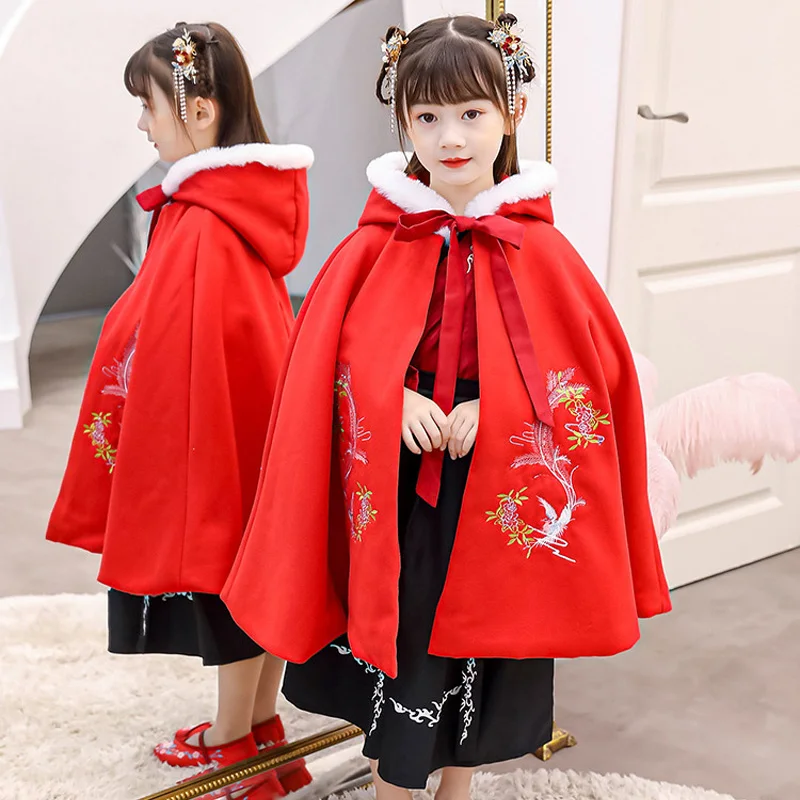 Hanfu/зимняя Длинная накидка с вышивкой для девочек; детская Мантия в китайском стиле; Рождественская накидка с капюшоном; Новогодняя одежда
