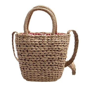 

LJL-Boho Women Handbag Straw Woven Rattan Drawstring Fastening Hollow Out Beach Holiday Bag