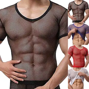 

Sexy Men Mesh See Through T-Shirt Fishnet Hollow Clubwear Streetwear Perform Male Short Sleeve Top Undershirt Top Tee gifts