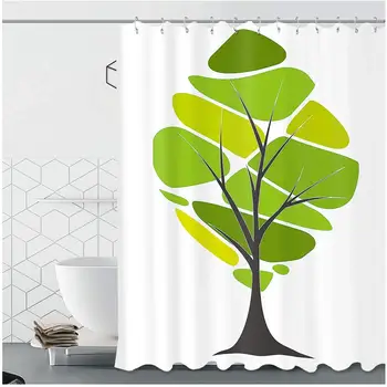 

Tree Pattern Polyester Fabric Green White with Hooks for Bathroom
