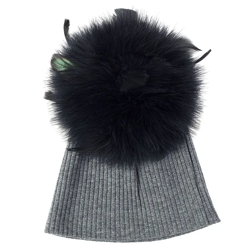 dark gray black Geebro/новые детские резинки для девочек и мальчиков, шапки с гофрированной резинкой, шапки с 15 см, страусиное меховое помпон, мягкая хлопковая шапка с черепами для детей, детские шапочки - Цвет: dark gray black