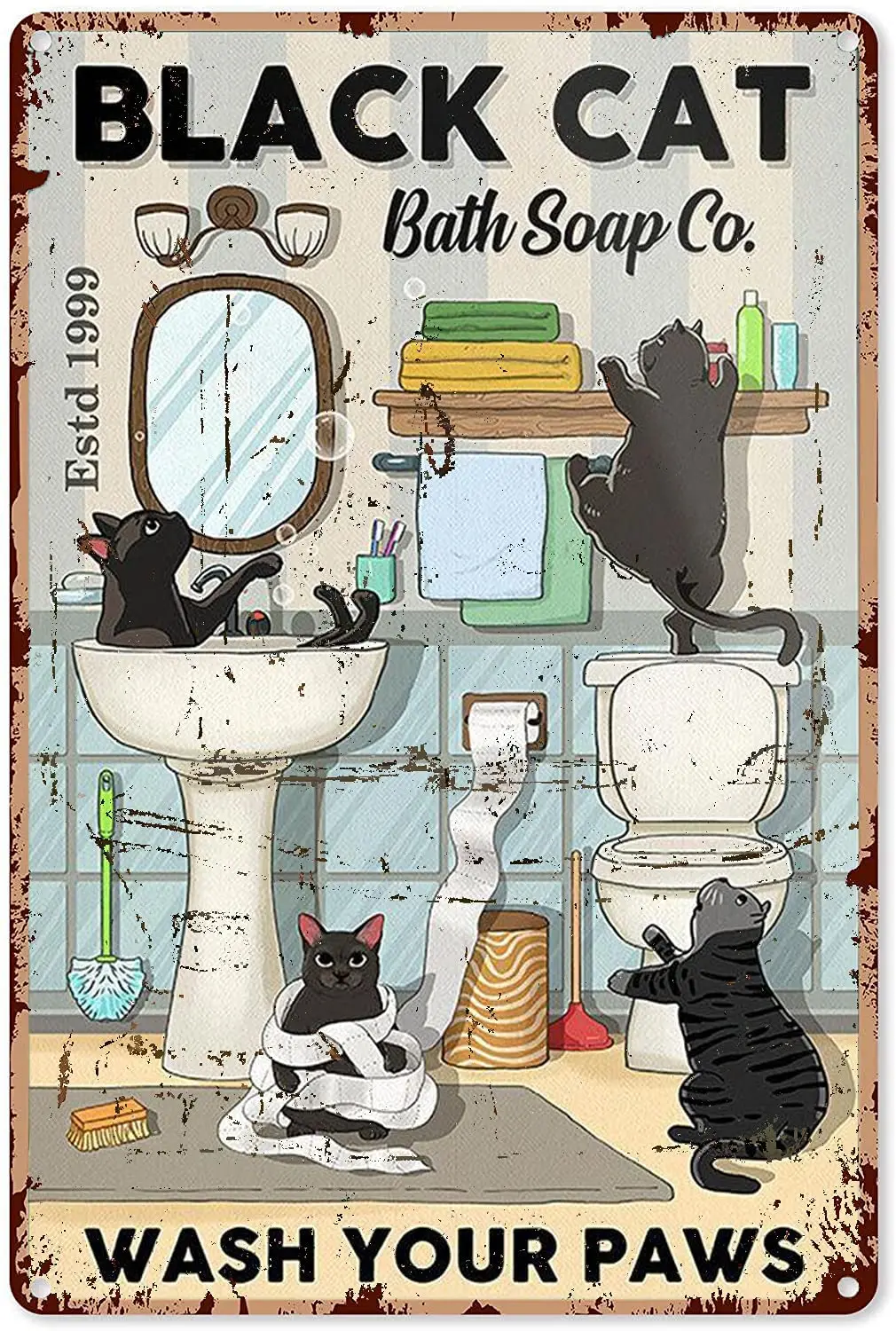 

Bathroom Sign for Home Black Cat Bath Soap Company Wash Your Paws Metal Sign Decor Tin Aluminum Sign Wall Art Metal Poster