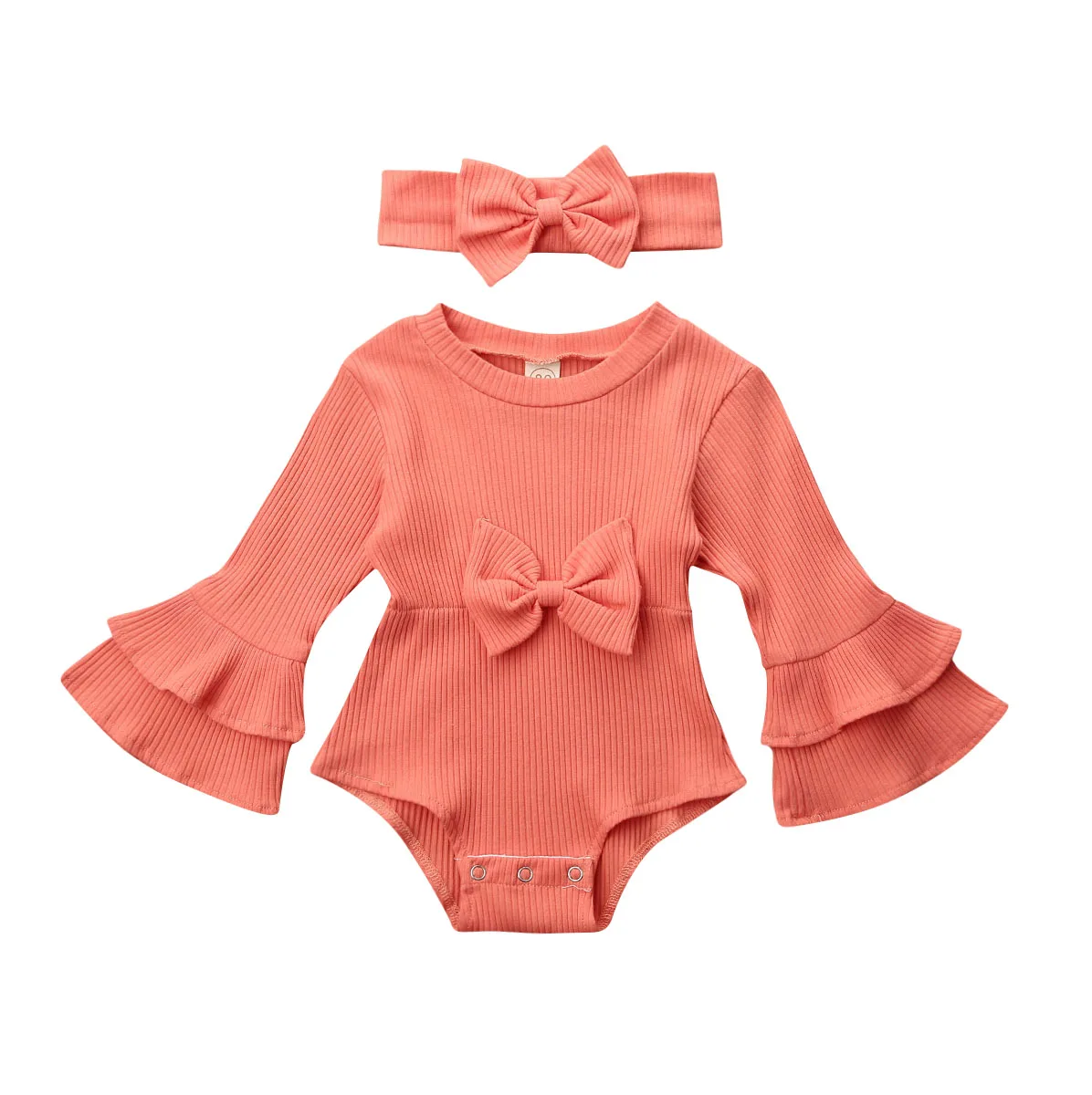 Комплект из 2 предметов; боди для новорожденных девочек; зимний трикотажный комплект одежды с оборками и расклешенными рукавами; Однотонный комбинезон; повязка на голову - Цвет: Оранжевый