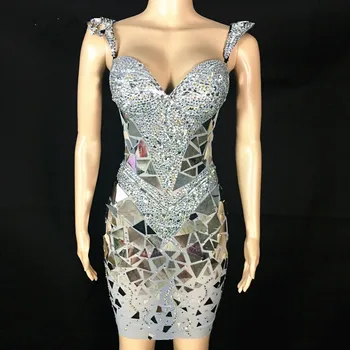 

Shining Silver Sequins Rhinestone Dress Women Birthday Bright Sexy Costume Prom Celebrate Bling Mirrors Dresses Evening Outfit