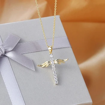 

L-58 Hot Sale Angle Wing Cross Christian Prayer Necklace Unisex Copper Plated Gold Zircon Collares Choker Accessories