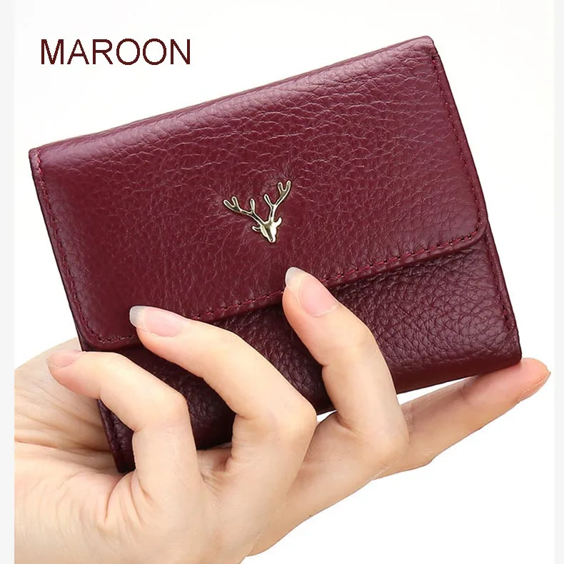 

Genuine Lether Wallet Women Short Purse with Hasp Black Maroon Gray Pink Wallet
