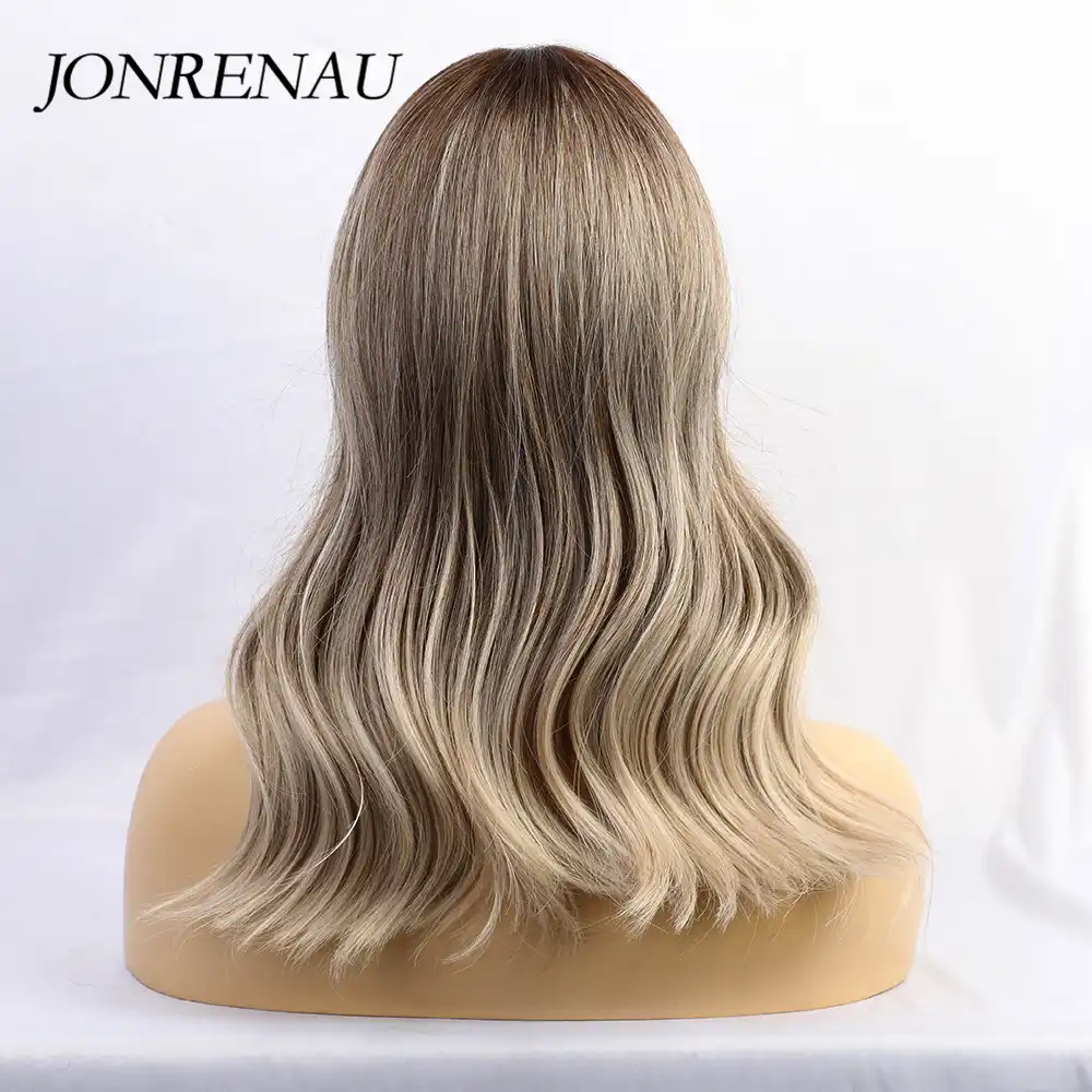 Jonrenau Long Natural Wave Brown Root Ombre Blonde Wig Heat