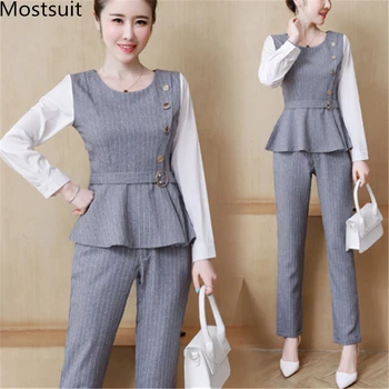 

2019 Autumn Office Grey Two Piece Sets Outfits Women Plus Size Buttons Tops And Pants Suits Ol Style Korean Elegant Ladies Sets