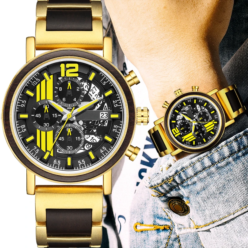 relogio masculino Gold Luxury Men Watch Metal Wooden Chronograph Wristwatch Quartz Timepiece Custom Steel Dial  Christmas Gift