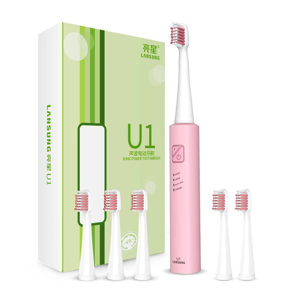 LANSUNG звуковая электрическая зубная щетка, ультра звуковая USB перезаряжаемая зубная щетка для взрослых, 4 насадки, сменные отбеливающие водонепроницаемые - Цвет: U1 All Pink 6head