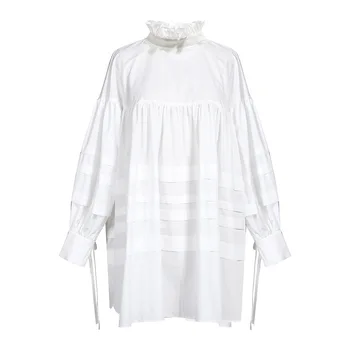 

Women Ruffles Split Joint Big Size Blouse New Stand Collar Long Sleeve Loose Fit Shirt Fashion Spring Autumn 2020