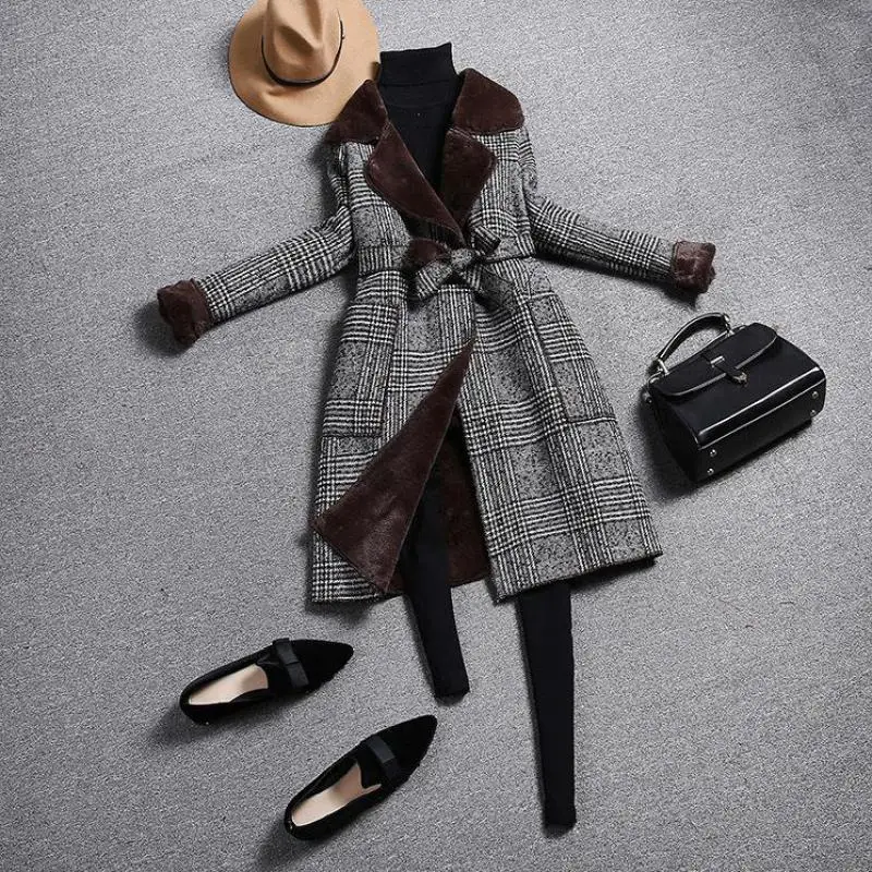 Модное винтажное шерстяное пальто в клетку, женское тонкое пальто с отложным воротником и поясом, Женская Корейская осенне-зимняя теплая верхняя одежда на подкладке из искусственной шерсти