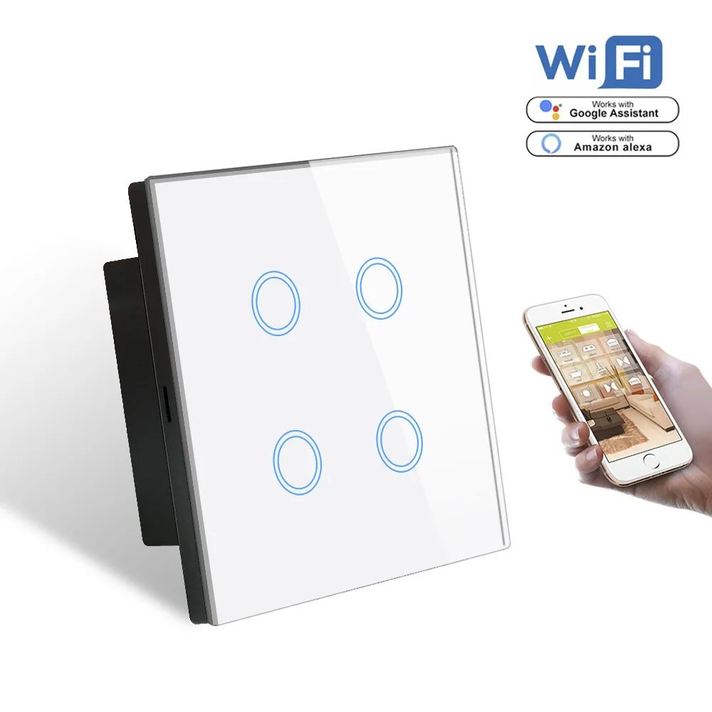 Стандарт Великобритании wifi смарт-коммутатор 4 комплекта, Alexa Голосовое управление настенный Wifi переключатель 1000 Вт, белая кристальная стеклянная панель 220 В