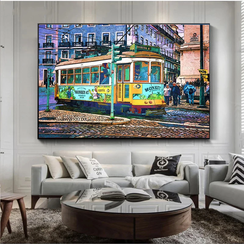 Graffiti Watercolor Lisbon City Street Bus Tram Art Canvas Print Painting Morden Wall Picture Living Room Home Decoration Poster | Дом и сад