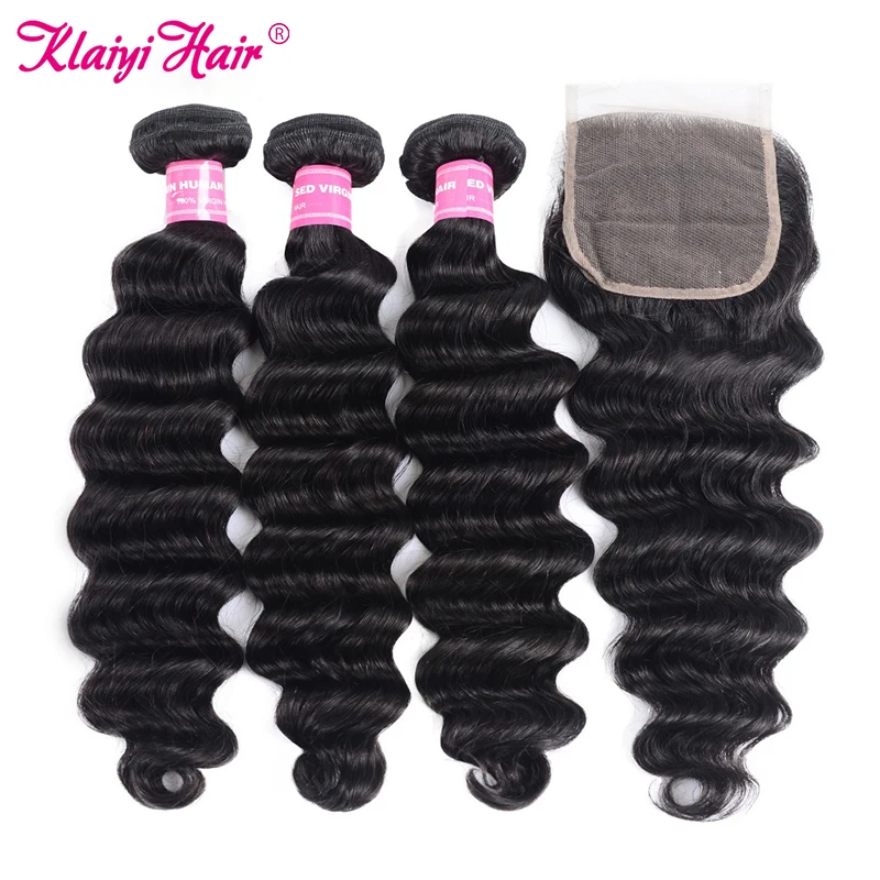 Klaiyi Malaysian Loose Deep Wave Bundles With Closure 4X4 Free Part 100% Human Hair 3 4Pcs Remy Weave | Шиньоны и парики