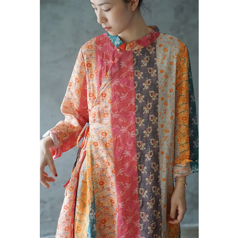

2020 Women Spring Summer Dress Vintage Colorful Floral Print Long-sleeve Light Loose A-line Long Ramie Dress P120