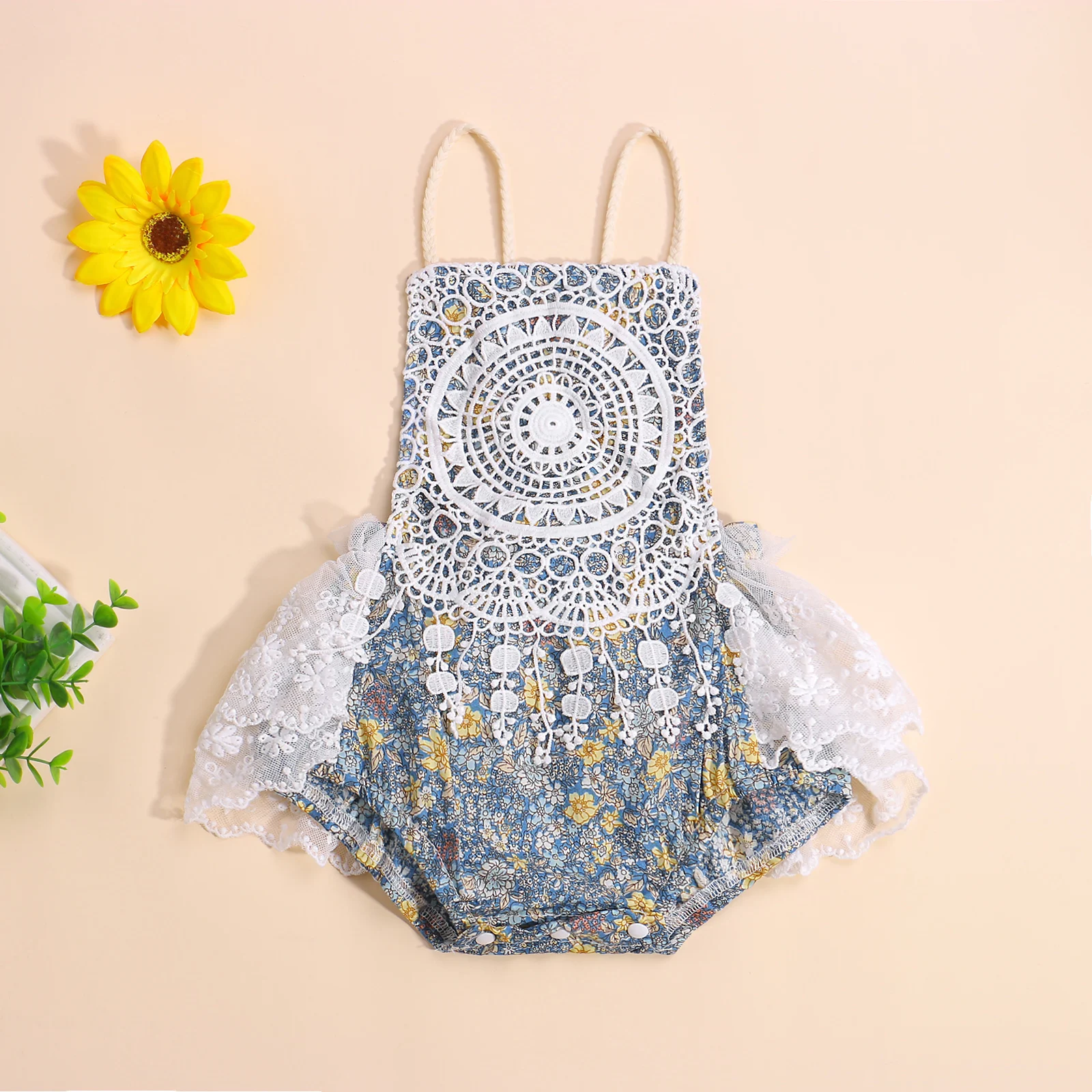 Infants Lace Floral Romper Tops, Sleeveless Bodysuits Summer Baby Girls