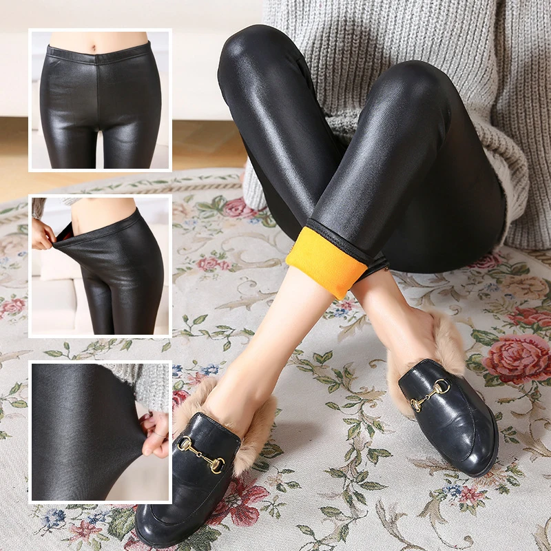 Осенне-зимние модели кожаных брюк и бархатных утепленных леггинсов; Модные женские теплые брюки