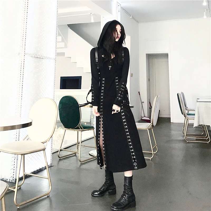KOSAHIKI Gothic Style Two Piece Set Women 2023 Black Suit Crop Sweatshirt + Sleeveless Tank Dress Female Harajuku Tracksuit