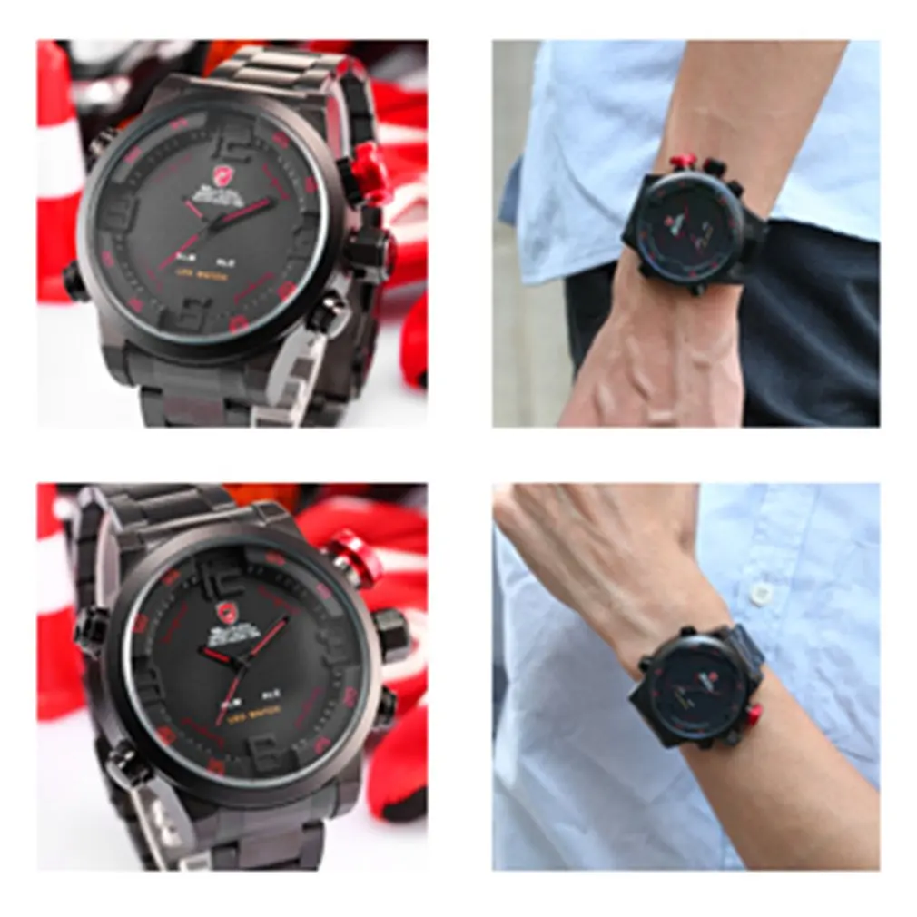 Брендовые мужские спортивные часы с акулой, брендовые, Роскошные, полностью стальные, цифровые, с календарем, наручные часы, кварцевые, Relogio Masculino