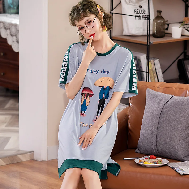 

2020 Short Sleeve Nightgown Women's Spring And Summer New Style INS Korean-style Home Wear-Outer Wear Simple Cartoon Pajamas Qua