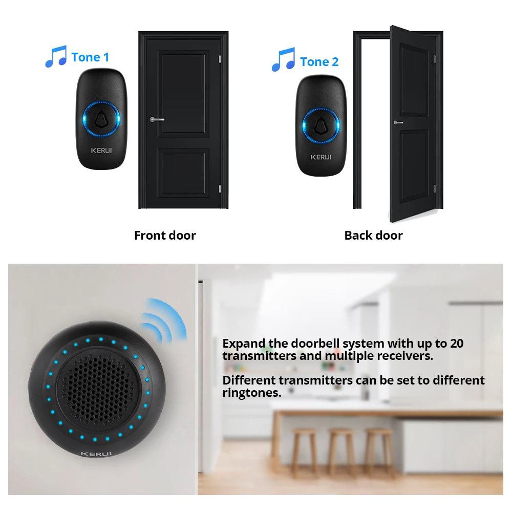 KERUI M523 Wireless Doorbell Home Waterproof Door Button Colorful LED Lights Household Wireless Door Bell 433MHz Press Button