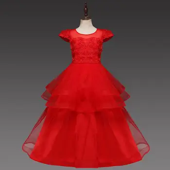 

Red Mesh Flower Child Wedding Party Banquet White Dress Girl Princess Birthday Party First Eucharist Long Party Dress vestidos