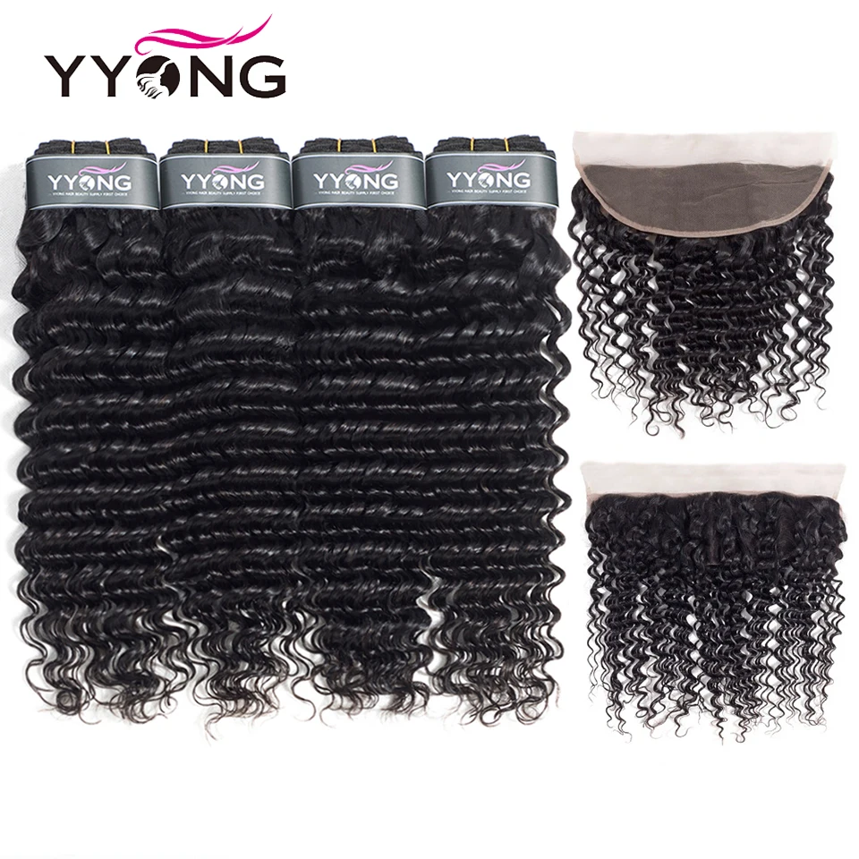 YYong 13×4 Deep Wave Lace Frontal Closure With Bundles 3 / 4 Bundles With Ear To Ear Lace Frontal