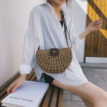 

2019 Women Semicircle Straw Bag Leisure Handmade Woven Handbags Tote Ladies Shoulder Pack Bags For Women's Beach Bags Fashion