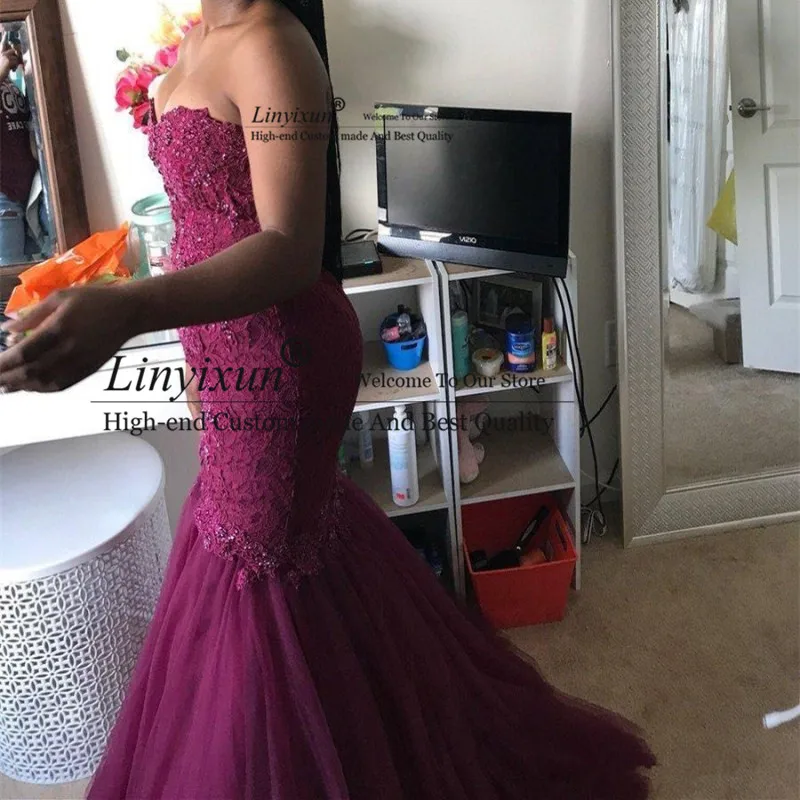 Бургундия Русалка Милая африканские платья для выпускного вечера Бусины кружева аппликации открытая спина развертки поезд без бретелек плюс вечернее платье для выпускного вечера