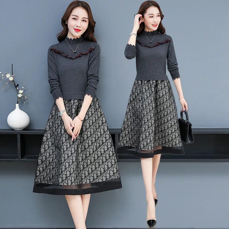 

2019 Autumn & Winter New Style Long Sleeve Sweater Base Skirt Long Elegant Slimming Mock Two-Piece Joint Jersey Dress
